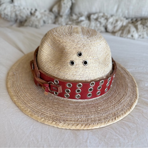 Vintage Woven Straw Hat with Red Leather Band - Picture 4 of 6